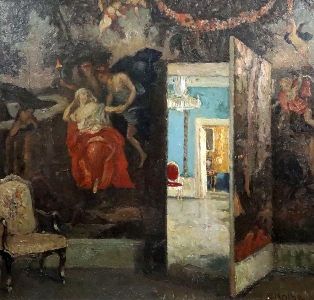 Ernst Kolbe (German, 1876-1945) Interior with painted mural 26 x 28.5in.